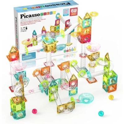 Bild av PicassoTiles 60 st magnetplattor byggklossar resa storlek magnetisk marmor run konstruktion leksak set mini diamant racerbana playset utbildning STEM Learning Kit Boy Girl 3+ PTMG60