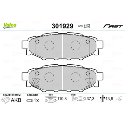 Bild av VALEO 301929 Jeu de plaquettes frein FIRST Essieu arrière contact signal d&#039;usure inclus sans tôle anti bruit SUBARU: Impreza III 5 portes, XV I