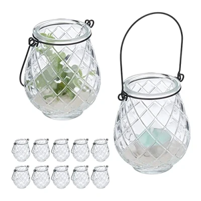 Bild av Relaxdays Vindlampa, uppsättning om 12, glas, med handtag, H x D: 10 8,5 cm, inomhus och utomhus, värmeljushållare, transparent/svart