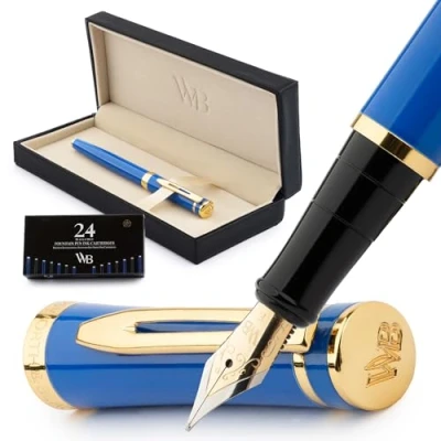 Bild av Wordsworth och svart reservoarpennset, 18K förgylld fin spets, inkluderar 24 pack bläckpatroner, bläckpåfyllningsomvandlare presentask, guldfinish, kalligrafi, [Imperial Blue], perfekt för män