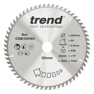 Bild av Trend CraftPro Fine Trim TCT sågblad för cirkelsåg, 250 mm diameter x 80 tänder 30 borrning, hårdmetallspetsad, CSB/25080