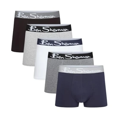 Bild av Ben Sherman Herr Podrick svart/vit/Charcaol/marinblå/grå boxershorts med mjuk touch bomull elastiskt midjeband Bekväma och andningsbara underkläder 5 pack