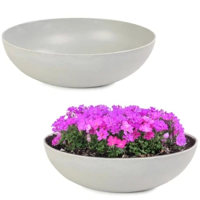 Bild av matches21 Växtskålar för utomhusbruk 2 stora vintage dekorativa skålar beige grå marmorerade som blomkruka skål på 37 cm trädgård fågelbad, balkongdekoration eller kyrkogård gravskål