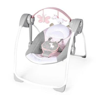 Bild av Ingenuity Comfort 2 Go Compact bärbar 6 växlad vadderad babygunga med musik, viks enkelt, 0 9 månader 2,7 kg (rosa enhörningen)
