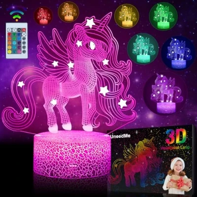 Bild av Enhörning nattljus för barn, enhörningsgåvor flickor leksaker barn ålder 3 4 5 6 7 8 9 + år gammal, 3D ljus lampa 16 färger förändras med Touch Switch fjärrkontroll födelsedag gåvor idéer