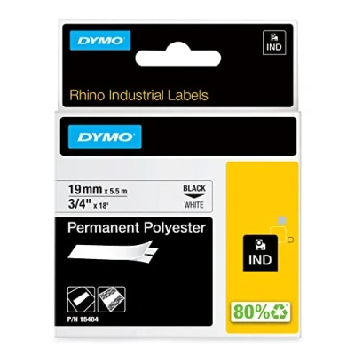 Bild av DYMO Rhino Industriella permanenta polyesteretiketter 19 mm x 5,5 m Svart tryck på vitt självhäftande för noshörning och etiketthanterare etikettmaskiner
