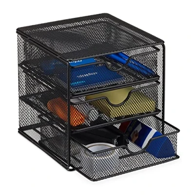 Bild av Relaxdays Skrivbordsförvaring, kontorsfack i metallnät, förvaringsbox för kontorsmaterial, H x B D: 17 16 cm, svart