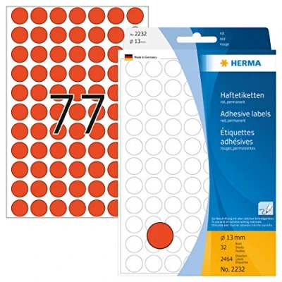 Bild av HERMA 2232 multifunktionsetiketter/runda färgade prickar (Ø 13 mm, 32 ark, papper, matt) självhäftande, permanenta märkningspunkter för handskriven märkning, 2 464 klistermärken, röd