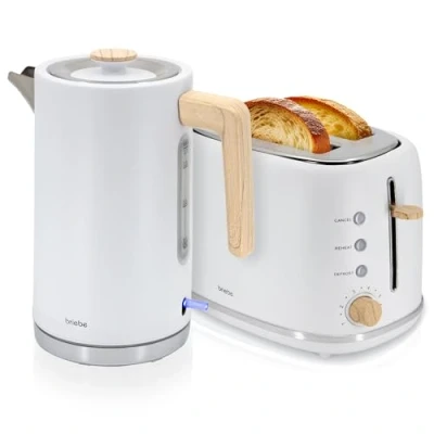 Bild av briebe Nordic brödrostset, 2 breda skivor, 6 förgyllningsnivåer + 1,7 l trådlös elektrisk vattenkokare, 200 W, BPA fri, frukostpaket, nordisk design, vit