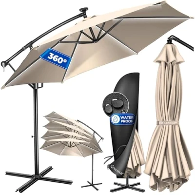 Bild av KESSER® Paraply i aluminium, sol LED, inkl. lock, fjärrkontroll, vev, 360 funktion, UV skydd, vattenavvisande, trädgårdsparasoll, Beige, 350cm