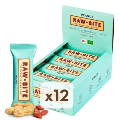 Bild av RAWBITE PEANUT i lådan med 12 vegan, glutenfri &amp; utan tillsatt socker (innehåller naturligt socker). Ekologisk fruktnötsbar jordnötter (12 x 50 g)