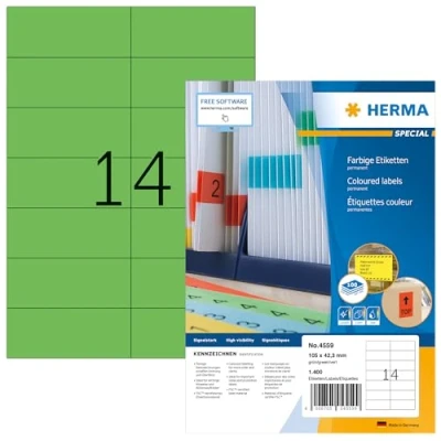 Bild av HERMA 4559 färgade etiketter A4 (105 x 42,3 mm, 100 ark, papper, matt) självhäftande, utskrivbara, permanenta färgetiketter, 1 400 klistermärken, grön