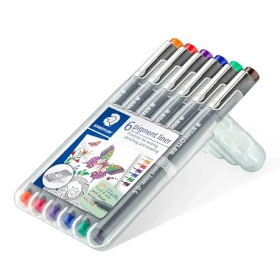 Bild av Staedtler 30805 SSB6 Pigment Liner (Fineliner mit Pigmenttinte, wasserfest, lichtbeständig, dokumentenecht, Etui 6 farblich sortierten Linern, Linienbreite 0,5 mm)