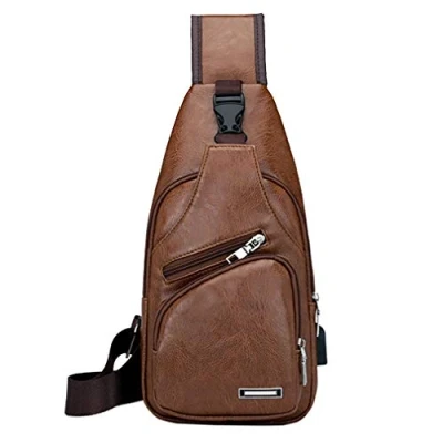 Bild av Xieben Vintage läderrem bröstväska crossbody pack för män kvinnor resor utomhus axelväska ryggsäck dagväska, #16brun (pu/Usb), Medium