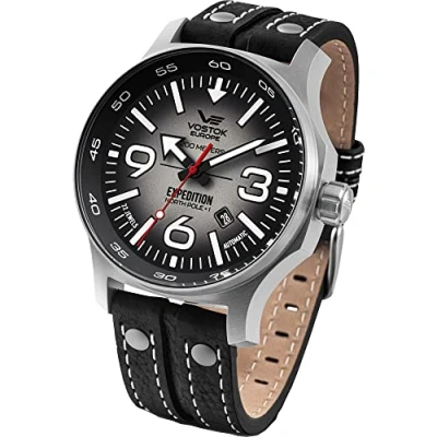 Bild av Vostok Europe YN55 Expedition Nordpol 1 herrklocka, med flera nitar, läderarmband, automatiskt datum, Grå/svart, rem, Rem