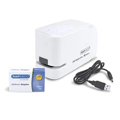 Bild av Rapesco 1453 626EL Automatisk Elektrisk Häftapparat (USB/Batteri) med 1000 26/6 mm Häftklamrar, Kapacitet på 15 Ark, Vit