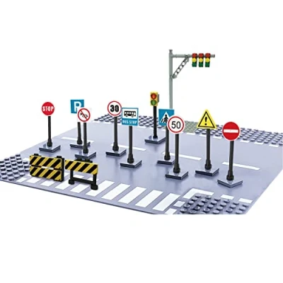 Bild av Gatteskyltsset, stadsskyltar set för byggplattor, byggstenar trafikljus leksaker, trafikskyltar pedagogiska leksaker barn