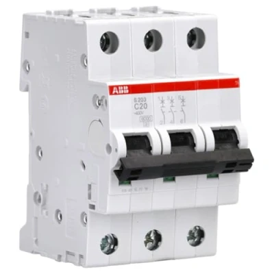 Bild av ABB S203 C20 miniatyrkretsbrytare, 3 polig, typ C, 6/10kA brytkapacitet, 20 Amp ström (2CDS253001R0204)