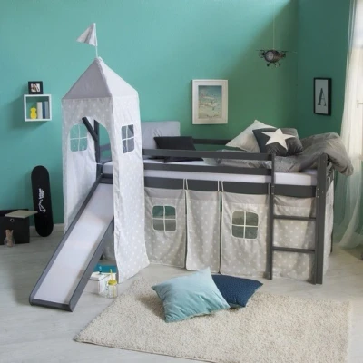 Bild av Homestyle4u Loftsäng Med Gardin Grå Stjärnor 90x200