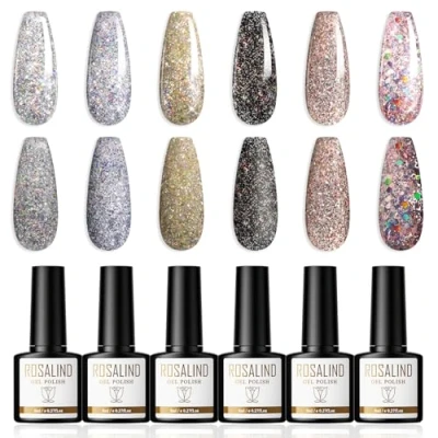 Bild av ROSALIND 6 Färger Gel Nagellack Glitter Serie Nail Polish Silverfärgad Blå Gyllene Rosa Svart UV LED Gelack Kit för Nageldesign, Nagelkonst DIY, 8ml