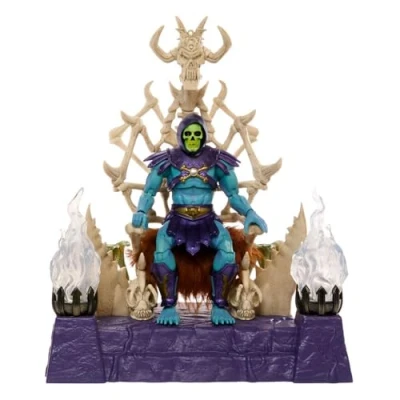 Bild av Masters of the Universe Masterverse Skeletor actionfigur och tron i förpackning, MOTU leksak, brinnande eldar, avtagbar huva cape, två stavtillbehör, HXX63