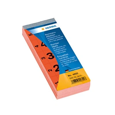 Bild av HERMA 4892 nummeretiketter siffror 1 500, dubbla (56 x 28 mm, papper, matt) självhäftande, permanenta häftand, block för fortlöpande numrering, 500 etiketter, röd