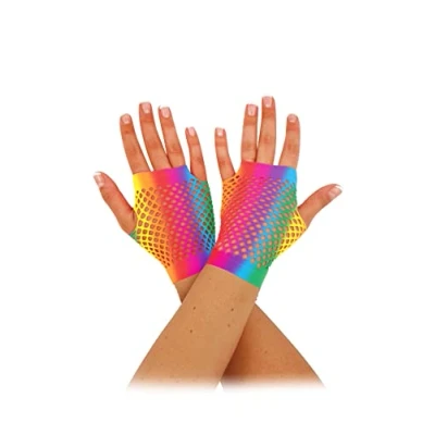 Bild av HENBRANDT Regnbåge kort fingerlösa fisknätshandskar handskar fin klänning HBTQ+ stolthet tillbehör handledslängd stretchig nät neonhandskar 80 tal 90 för kvinnor, Regnbåge, en storlek