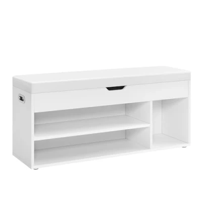 Bild av VASAGLE Vadderad skobänk, förvaringsbänk, 3 fack, dold förvaring, hyllor, till vardagsrum, hall, sovrum, lastkapacitet 150 kg, vit LHS130W14