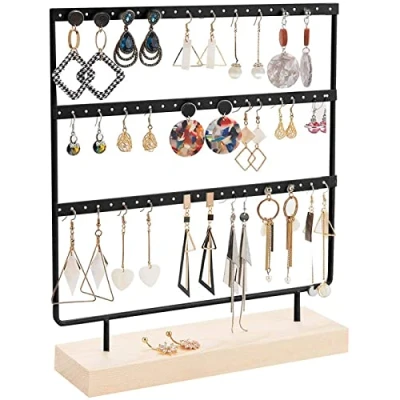Bild av IYInJuan Smyckesställ örhängeshållare, örhängesstativ, 3 nivåer metallorganisatör med stabil träbas, stiftörhängen öronsmycken display smyckesförvaring, lätt tar inte upp något utrymme, svart