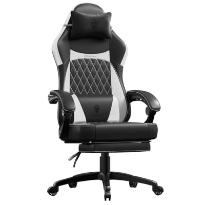 Bild av Dowinx gamingstol racingstol, ergonomisk spelfåtölj med ländryggsstöd, PU läder 150 kg, svart vit