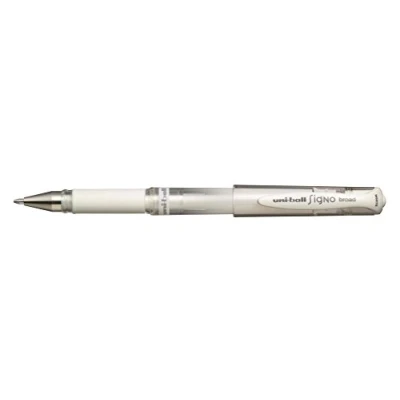 Bild av Uni Ball vit Signo penna bred metallisk gel bläck rollerball metall 1 mm spetsspets 0,65 linjebredd med gummigrepp UM 153 (förpackning 12)