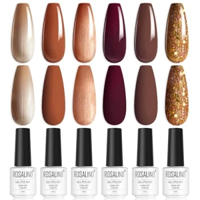 Bild av ROSALIND UV Gel Nagellack Set, 6 färger Höstbrun Rödbrun Aprikosbrun UV/LED Polish Nagelgel Nagellackset