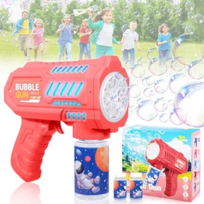 Bild av BUOAZR Automatisk bubbelmaskin, LED bubbelpistoler för barn med 2 60 ml flaskor bubbelvätska, utomhusleksaker, bröllop och barndomsfest (rosa)