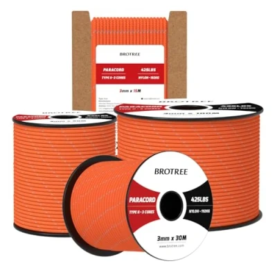 Bild av Brotree 3mm Paracord 425 30M 100% Nylonrep 3 Trådar Sladd Typ II för Utomhus, Hundkoppel, DIY, Hantverk 192kg Brottlast (Reflekterande Orange)