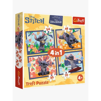 Bild av Trefl Lilo &amp; Stitch, Hawaiian Vacation 4 i 1 pussel, 35 till 70 bitar olika svårighetsgrader, färgglada pussel med filmkaraktärer, roligt för barn från år och uppåt