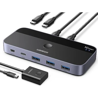 Bild av UGREEN USB Switch 2PC 10Gbps 3.2 Switcher 2 in 4 Out C med Desktop Controller Aluminiumhölje till kablar för tangentbord, mus, skrivare, minne etc.