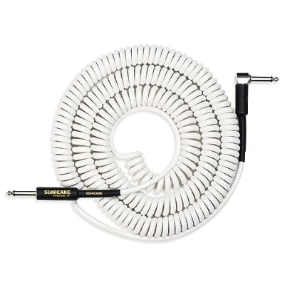 Bild av SONICAKE 10 m gitarrer instrumentkabel 6,3 mm spole kabel för gitarr bas spiralkabel med vinklad kontakt och standarduttag vit