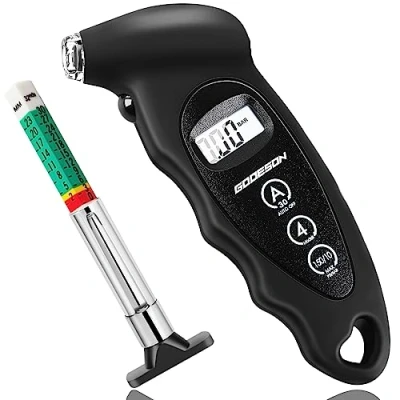 Bild av GODESON Digital däcktrycksmätare 150 PSI 10 bar med 4 inställningar och mönsterdjupsmätare, biltillbehör bakgrundsbelyst LCD, lämplig för bilar, lastbilar, cyklar, motorcyklar