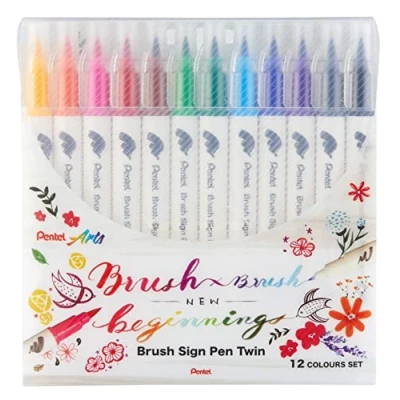Bild av Pentel SESW30C 12 Brush Sign Pen Twin, färgerset, fiberpenna med två flexibla skrivspetsar, vattenbaserat bläck, blandade