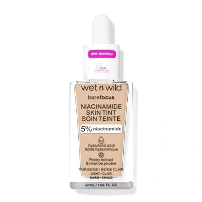 Bild av Wet n Wild Bare Focus Niacinamide Skin Tint, Lätt Foundation med en Byggbar Formula, Berikad Hyaluronsyra och Vitamin E för Upplysande Look, Fair Beige