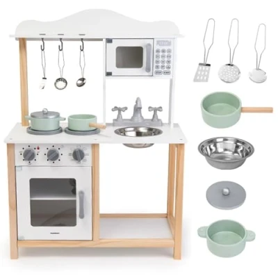 Bild av Mamabrum Barnkök i trä med mikrovågsugn, ugn, handfat och tillbehör modern design, mekaniska ljud Montessori leksak från 3 år