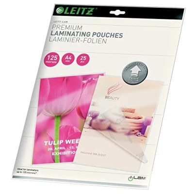 Bild av Leitz Varmlamineringsfolier A4 125 mic, lamineringsfilmer i premiumkvalitet 25 pack, glänsande, transparent, förenklad insättning tack vare UDT, iLAM, 74820000