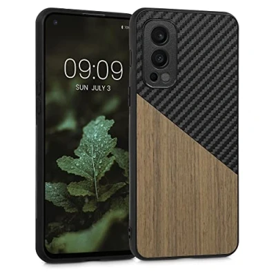 Bild av kwmobile fodral kompatibelt med OnePlus Nord 2 5G hårt telefonskydd TPU stötfångare och trä/kolbaksida mörkbrun/svart