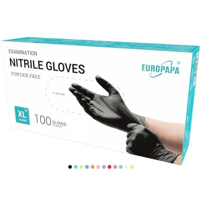 Bild av EUROPAPA® 100x nitrilhandskar, låda, engångshandskar, undersökningshandskar, puderfria, utan latex, icke sterila, latexfria, disposibla handskar (XL, Svart)
