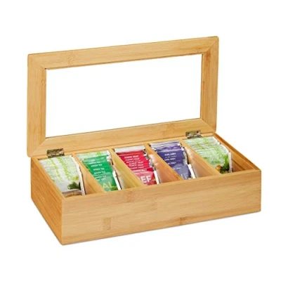 Bild av Relaxdays Tebox, 5 fack, bambu, telåda med visningsfönster, tepåsar, kaffekuddar, H x B D: 9 37 20 cm, natur, 10032168