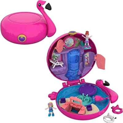 Bild av Polly Pocket FRY38 World Flamingo Floatie lekväska med Vattentema, Två Minidockor, Pool och Tillbehör, för Barn från 4 år