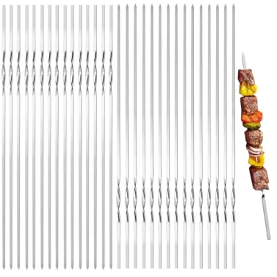 Bild av Mino Plus Grillspett, 30 stycken kebabspett, grillspett i rostfritt stål, 40 cm återanvändbara kebab, för grillfester utomhus och Gar (B)