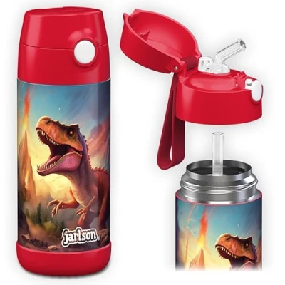 Bild av JARLSON® Vattenflaska för barn, rostfritt stål &quot;CHARLI&quot; med sugrör termosflaska 350 ml TÜV testad BPA fri läckagesäker skola, dagis dinosaurie 2.0,