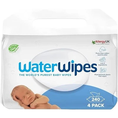 Bild av WaterWipes original plastfria babyvåtservetter, 240 st. (4 förpackningar), 99,9% vattenbaserade våtservetter, oparfymerade för känslig hud