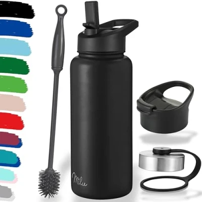 Bild av Milu dricksflaska i rostfritt stål 500 ml, 750 1000 ml (+ 3 lock) termoflaska med halm, isolerad vattenflaska, läckagesäker dubbelväggig flaska, lämplig för koldioxid (Svart, ml)